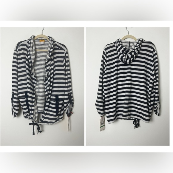 NEW Ruby Rd. Petite White & Navy Nautical Stripe Hooded Open Coverup  Cardigan - Picture 1 of 9